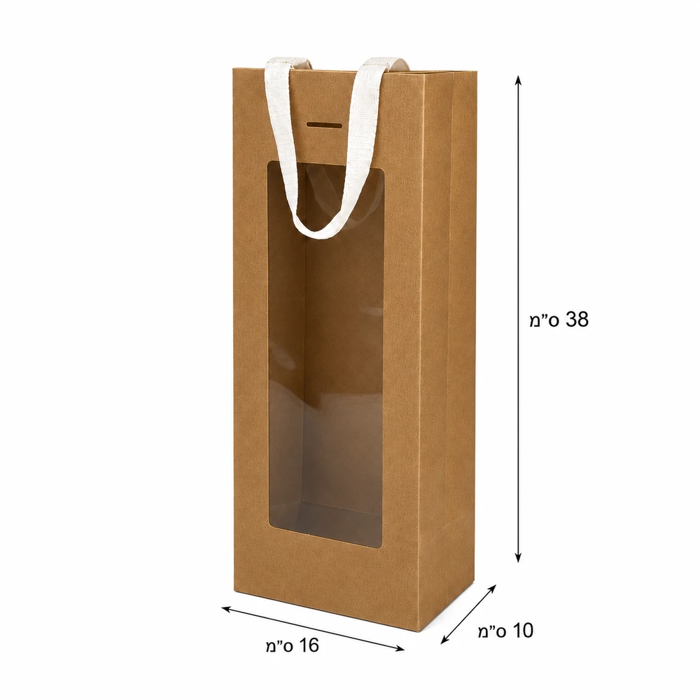 שקית קרטון טבעי עם חלון +ידית ריבס 38X16+10